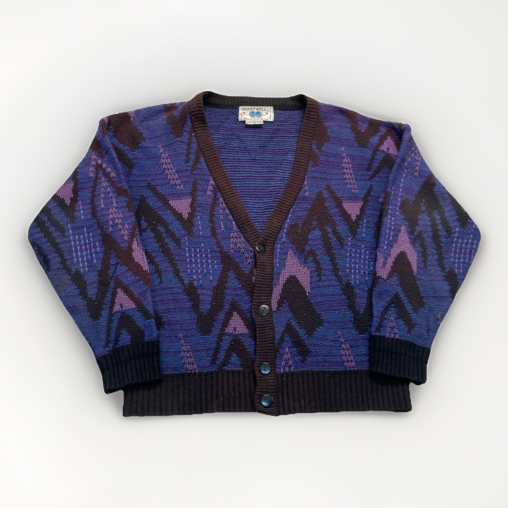 Cardigan Womens L Chunky Knit Acrylic Sweater Grandpa Retro 90s Chartwell Vtg